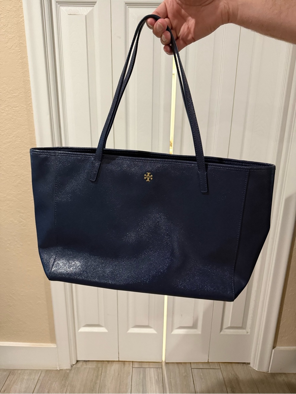 Tory Burch Navy Leather Shopper Tote with Gold Logo